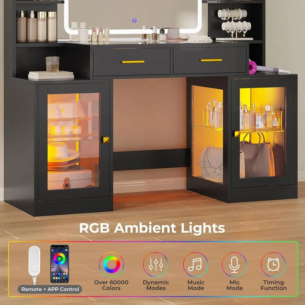 Makeup Vanity Set with Illuminated Mirror, RGB Cabinet, Glass Drawers, and Power Outlet for Teens and Women in Black