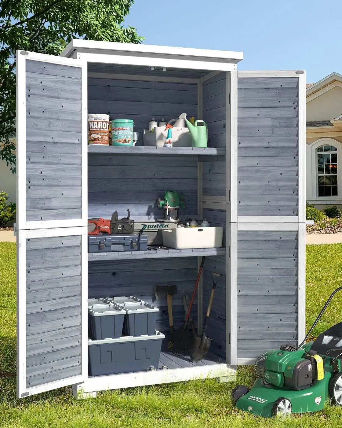 Outdoor Tall Wooden Storage Cabinet with 3 Shelves & Double Lock & Waterproof Roof for Yard Patio Lawn, Custom