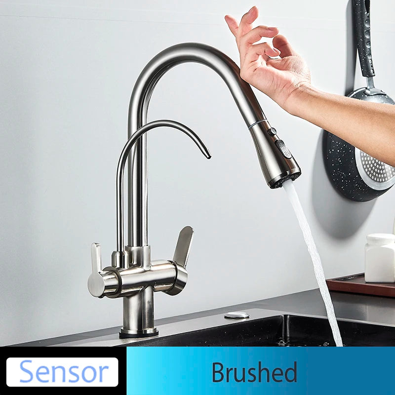 Onyzpily Black Touch/NO Sensor Kitchen Faucet Pull Out Sink Faucets Hot Cold Mixer Pure Water Tap Deck Mounted Taps Dual Handle