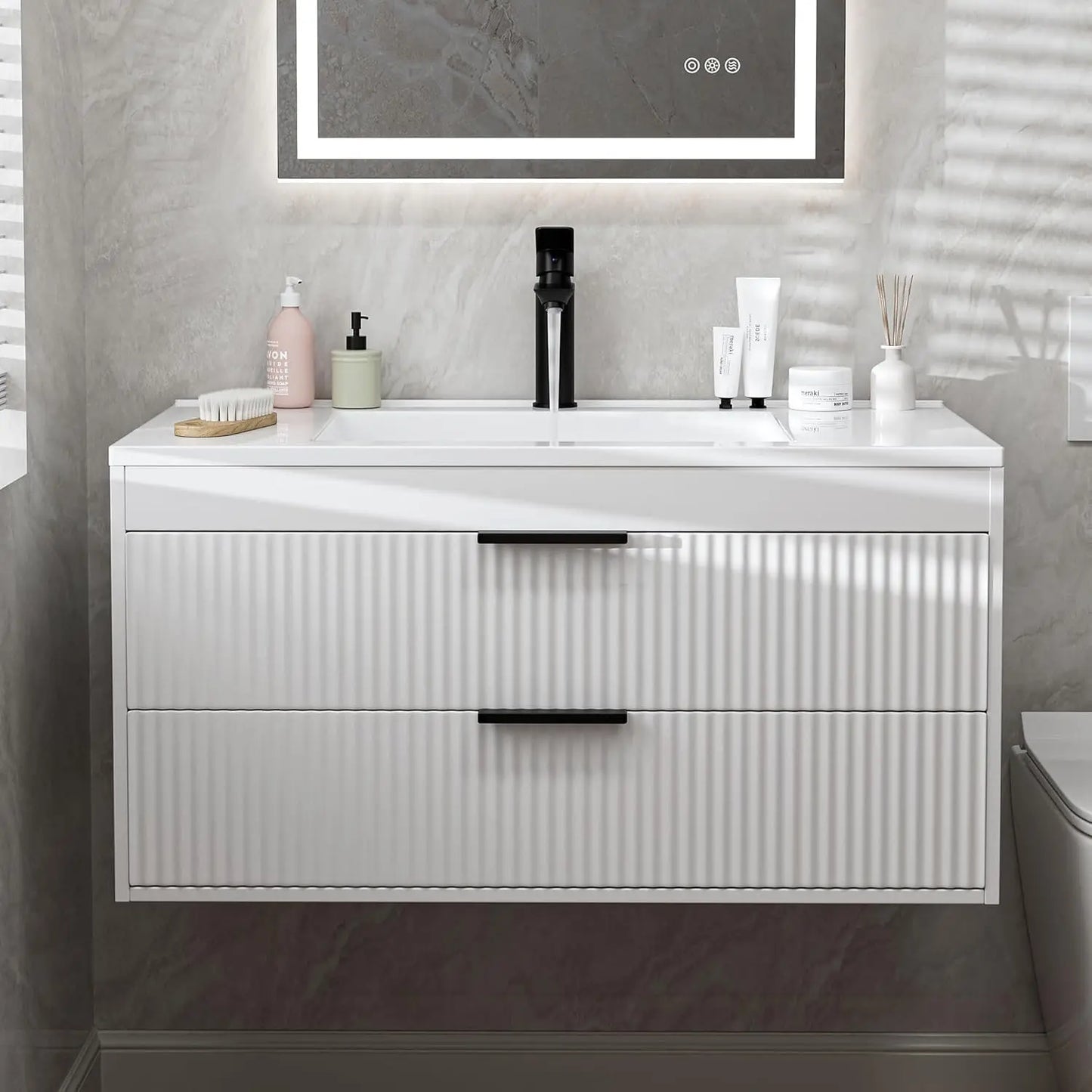 36 Inches Modern MDF Bathroom Vanity with Sink, Wall Mounted Floating Cabinets w/Double Drawers, Black Handles,, Customized