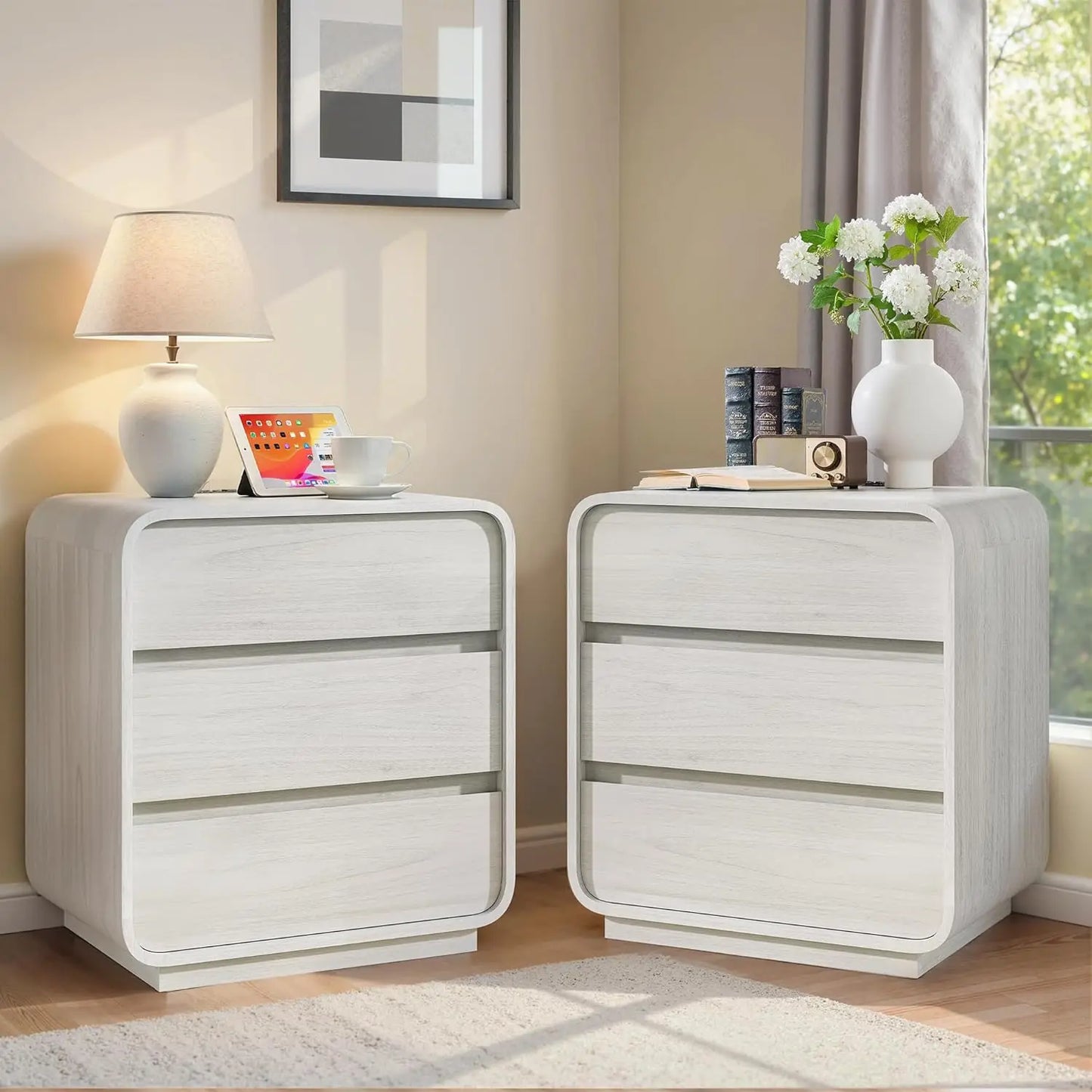 Walnut Curved Nightstand Set of 2, 23.2" Wide Wood Bedside Table with Charging Station, 3 Storage Drawers Night, Customized