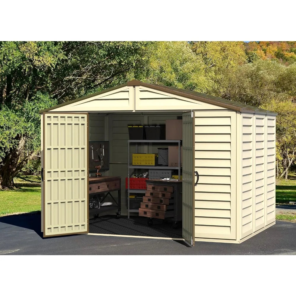 Duramax Woodbridge Plus 10.5 x 8 (8.02 m2) Plastic Garden Shed with 1 Fixed Window & Metal Foundation Kit, Strong Metal Roof Str