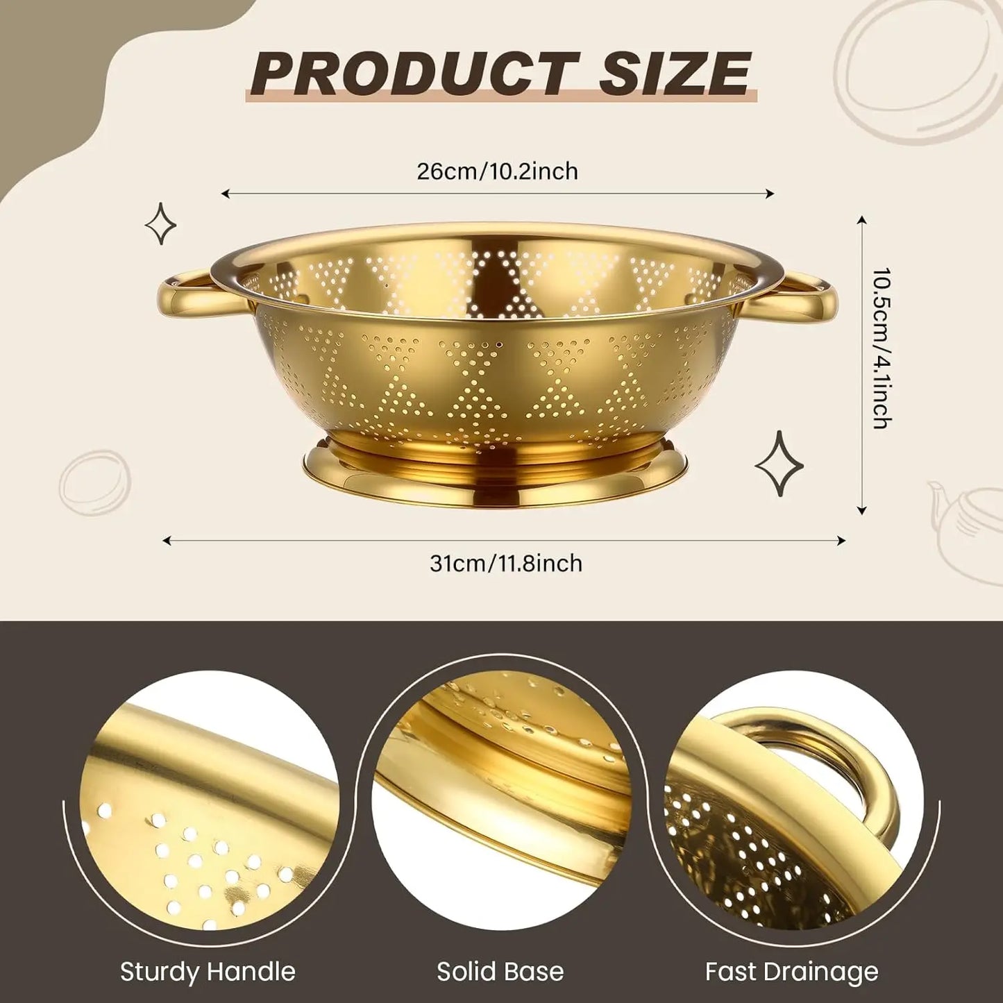 4 Pcs Gold Kitchen Accessories Includes Stainless Steel Colander and 3 Pcs Gold Fine Mesh Strainer Essential Kitchen Col