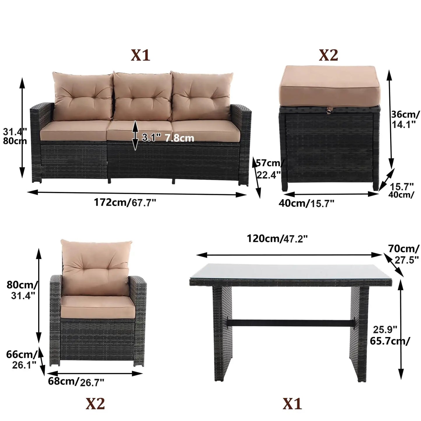 6 Pieces Patio Furniture Set - All-Weather Outdoor Wicker Sectional Conversation Sofa, Rattan Patio Seating Sofa, Customized