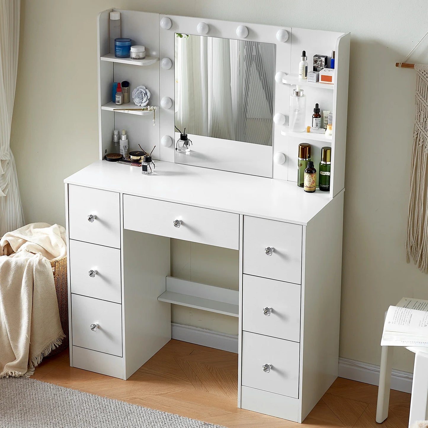 LED Mirror Makeup Table Set, 3-Color Light Dressing Vanity Desk with USB Charging Port & Storage Drawer, Modern Girl Bedroom Furniture Gift