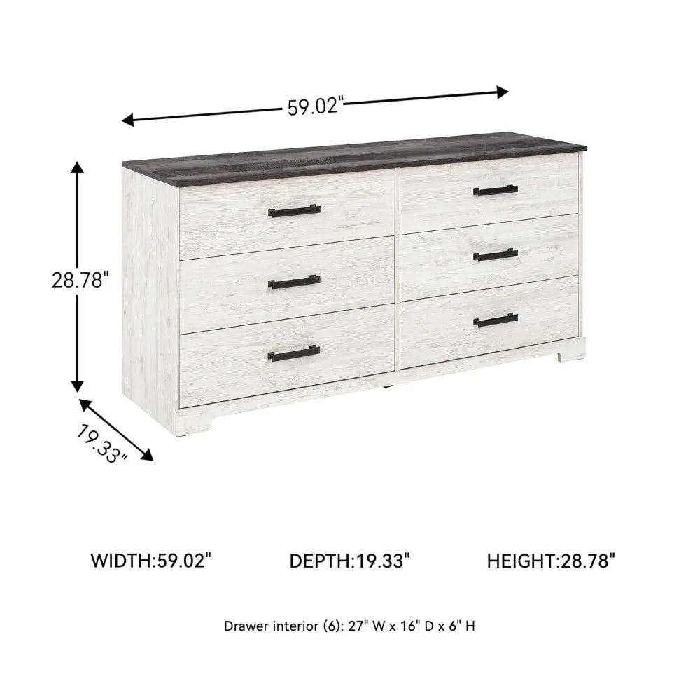 6 Drawer Double Dresser Wood Chest Storage Bedroom Furniture Whitewash Finish, Custom