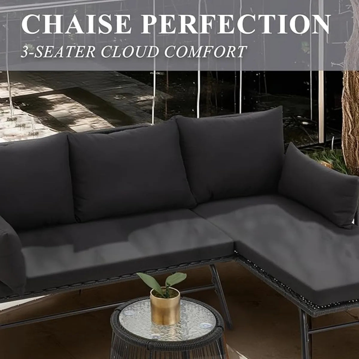 3-Piece Outdoor Patio Furniture Set – L-Shaped Rattan Sectional Sofa with Detachable Lounger, Glass Coffee Table & 4" Cushions