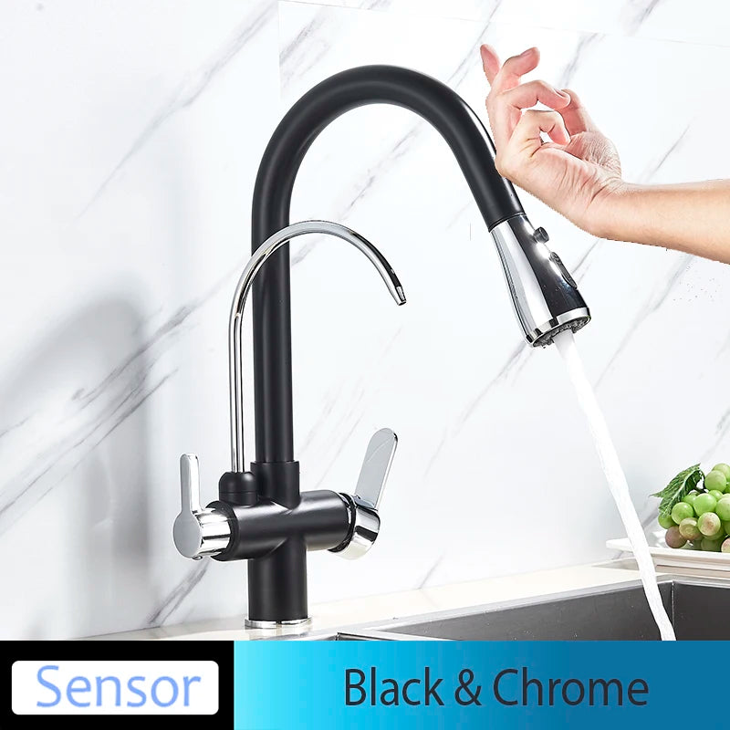 Onyzpily Black Touch/NO Sensor Kitchen Faucet Pull Out Sink Faucets Hot Cold Mixer Pure Water Tap Deck Mounted Taps Dual Handle