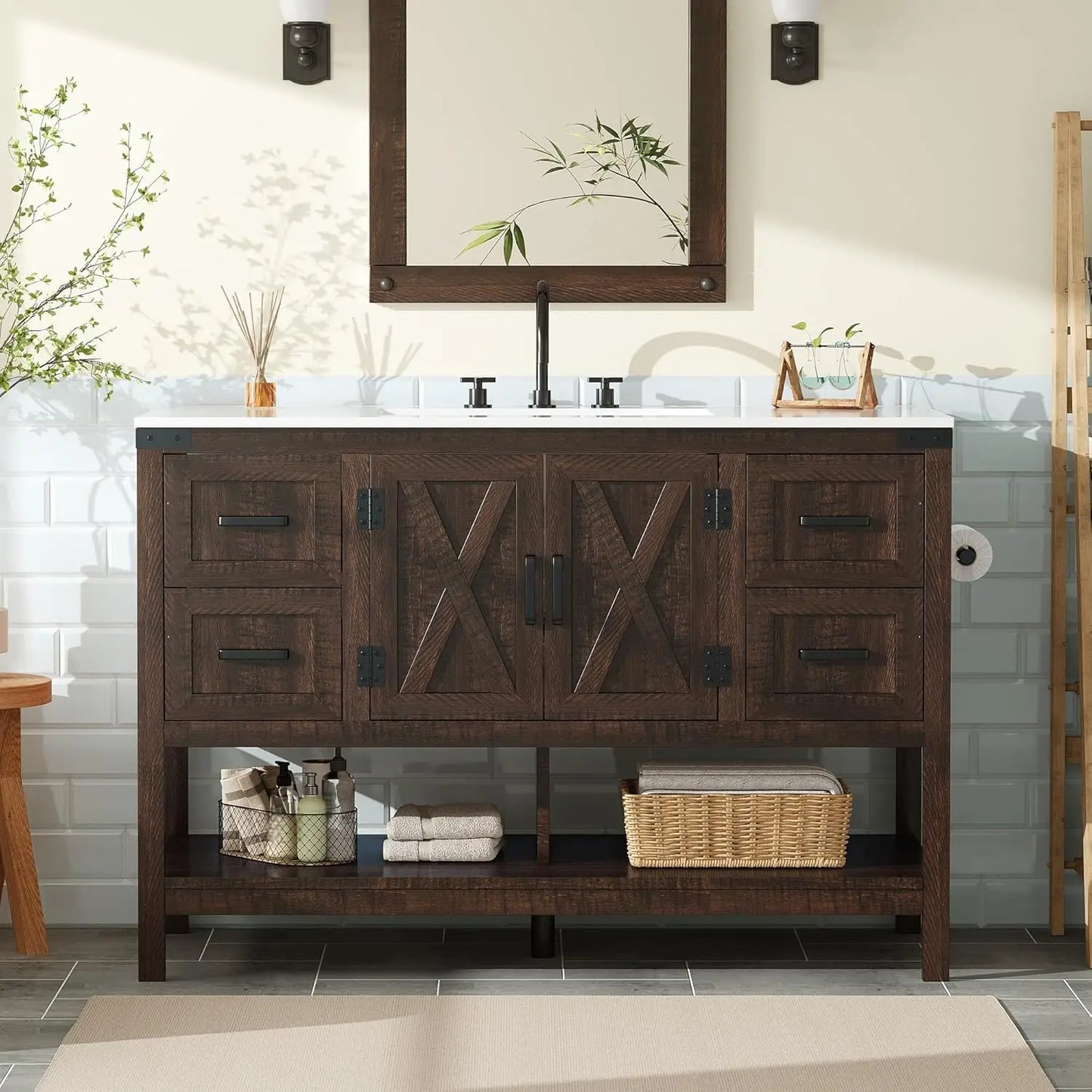 48” Farmhouse Bathroom Vanity with Sink, Freestanding Cabinet with 4 Drawers, Double Barn Doors & Open Shelf, Rustic Storage
