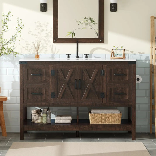 48” Farmhouse Bathroom Vanity with Sink, Freestanding Cabinet with 4 Drawers, Double Barn Doors & Open Shelf, Rustic Storage