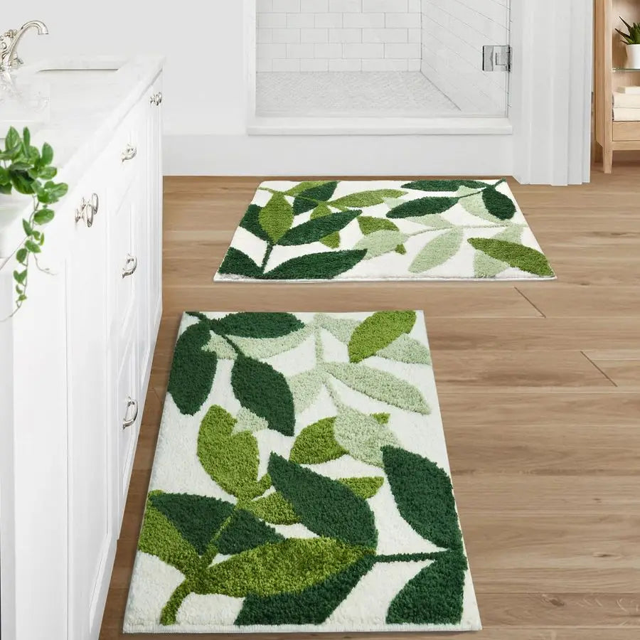Green Bathroom Rug Set 2 Piece, NonSlip Strong Water Absorbent Plush Microfiber Bath Mat Rug Set, Machine Washable Bathroom Floo