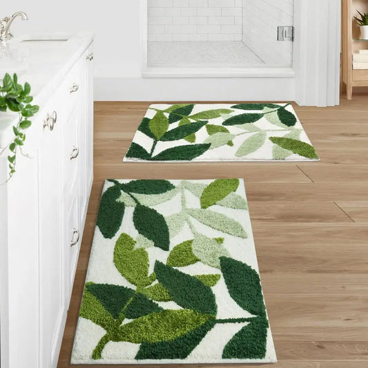 Green Bathroom Rug Set 2 Piece, NonSlip Strong Water Absorbent Plush Microfiber Bath Mat Rug Set, Machine Washable Bathroom Floo