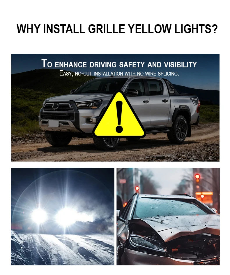 4PCS automotive universal clip LED front grille light with wiring harness and fuse upgrade buckle grille light yellow