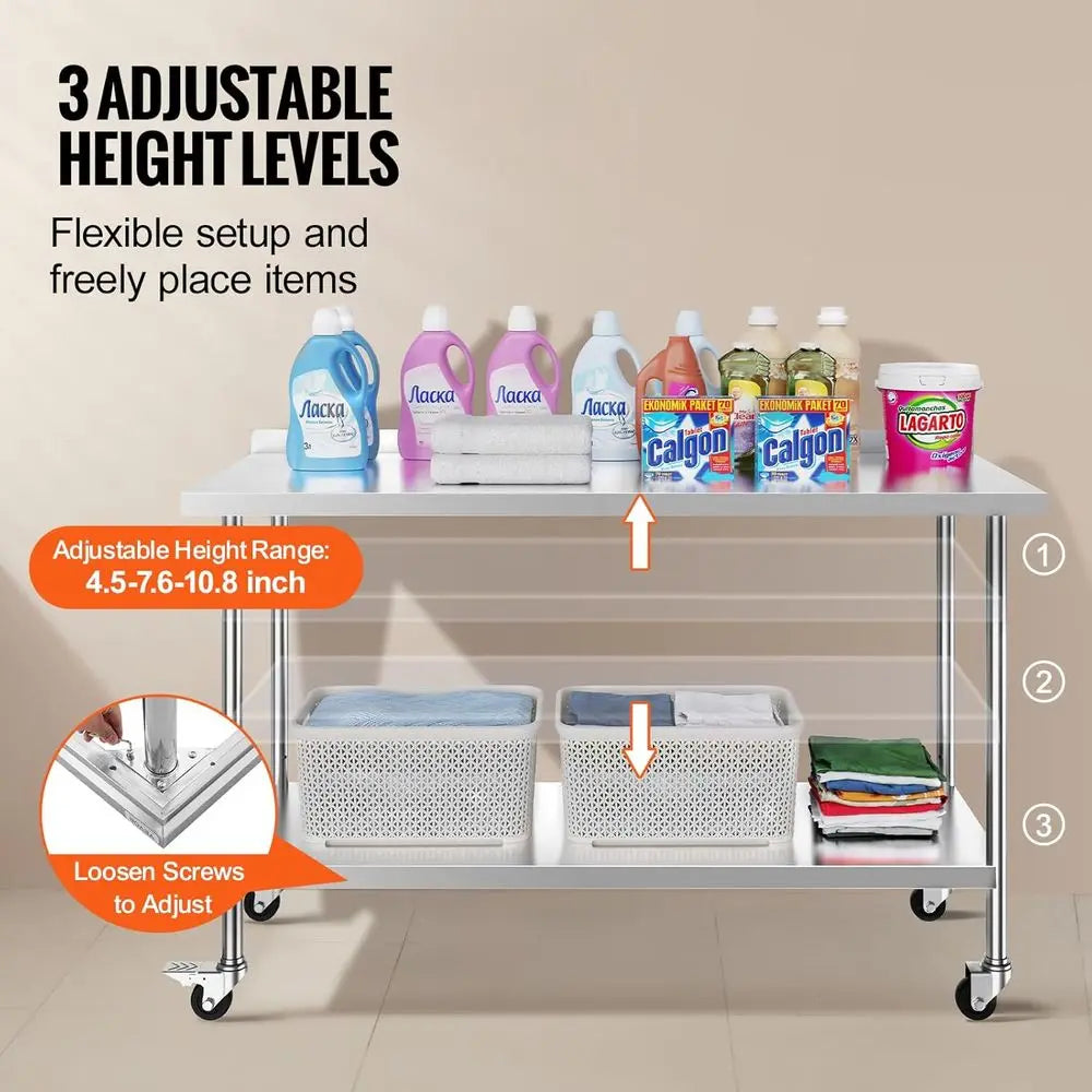 Heavy-Duty Stainless Steel Work Table with Casters, Adjustable Height for Commercial Food Prep and Home Use
