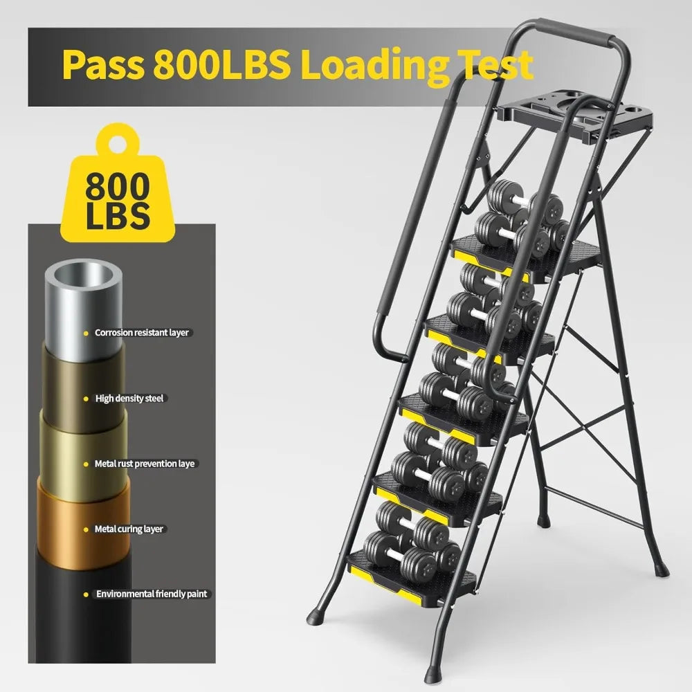 5 Step Ladder with Tool Platform, Folding Step Stool with Handrails, Sturdy Steel Ladder with Wide Pedal, 800 LBS Porta
