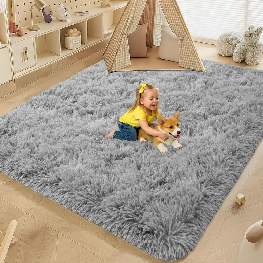 8x10 Area Rugs Living Room, Gray Large Plush Fluffy Bedroom Carpet, NonSlip Upgraded Indoor Thick Soft Rug, Modern Plush Carpet