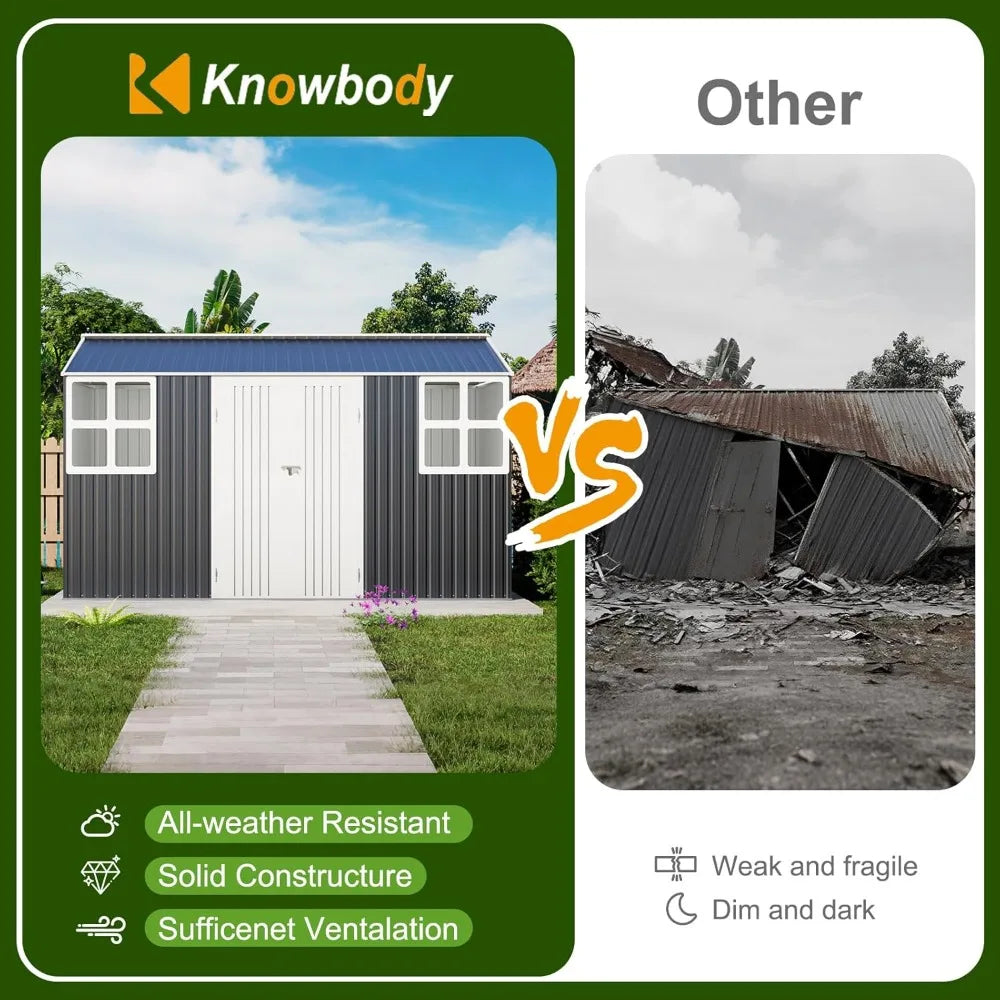12x10 FT Metal Sheds & Outdoor Storage: Heavy Duty Garden Sheds with Dual Transparent Panels, 2x4-Pane Windows & Hinged Double D