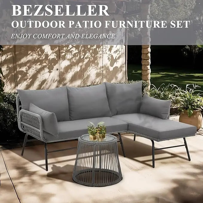 3-Piece Outdoor Patio Furniture Set – L-Shaped Rattan Sectional Sofa with Detachable Lounger, Glass Coffee Table & 4" Cushions