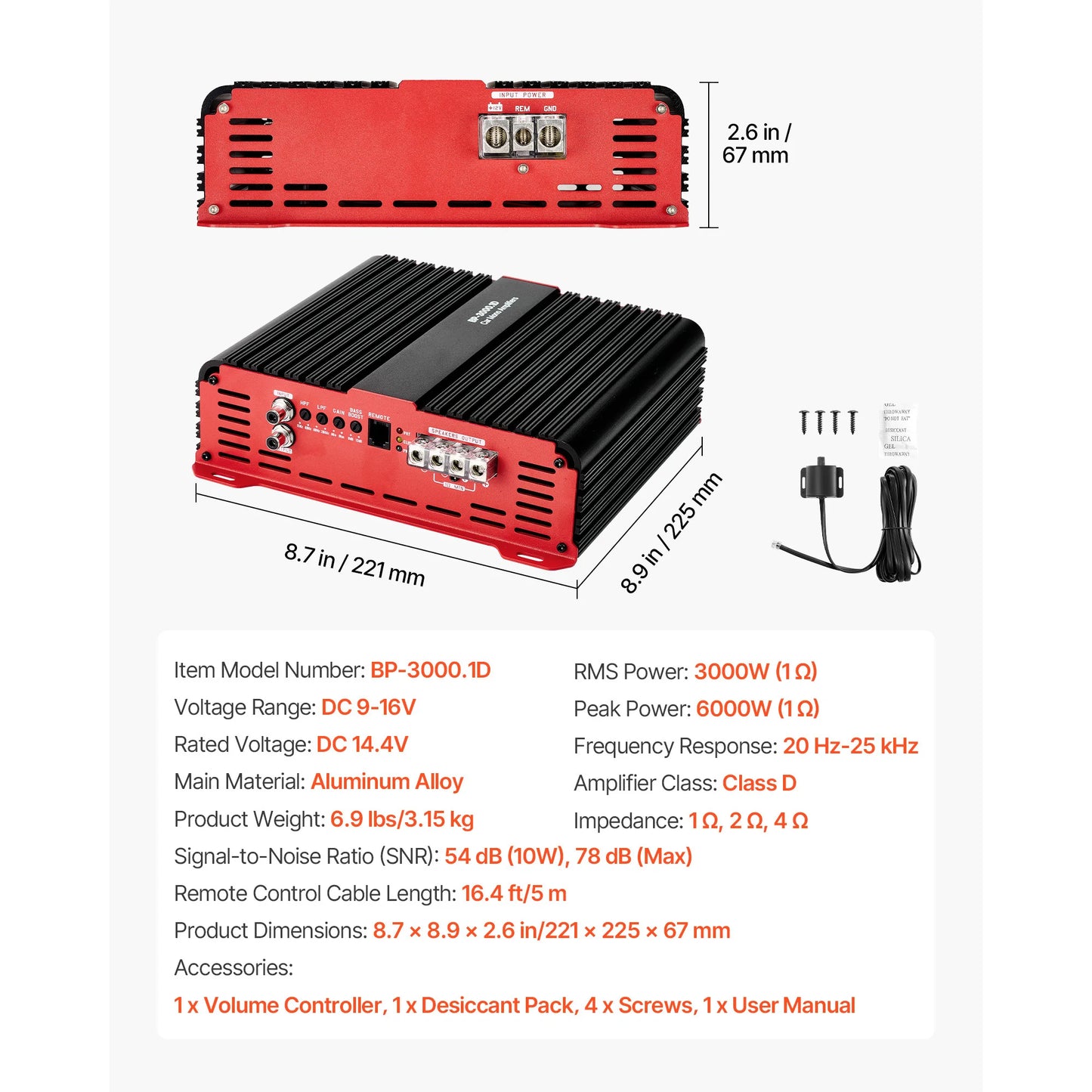 SucceBuy Monoblock Car Amplifier Stable 1Channel Class D Car Audio Amplifier with Remote Subwoofer Level Control Low Pass Filter