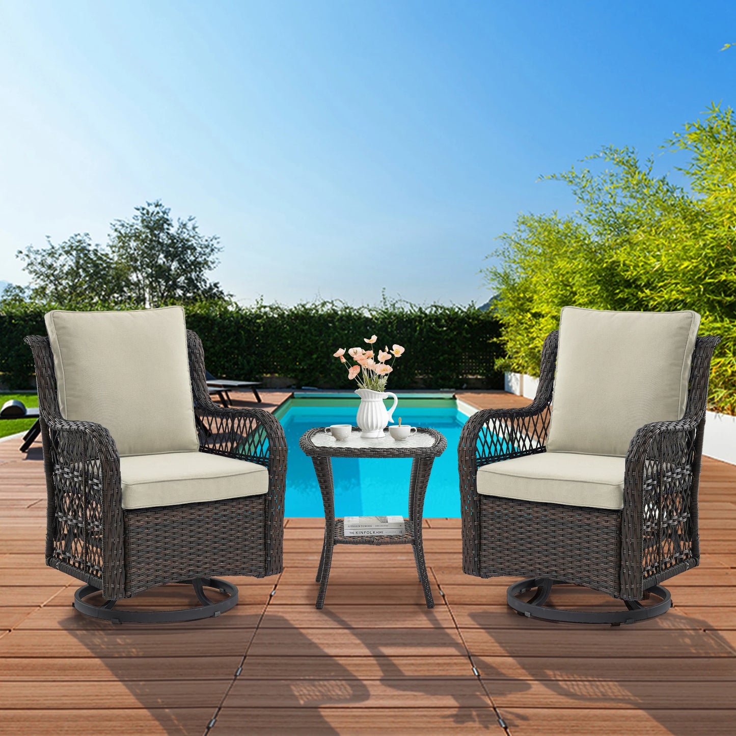 3 Pieces Outdoor Wicker Swivel Chair Set, Swivel Rocking Chairs Set of 2 with Rattan Side Table, 360-Degree Swivel Rocking Chair
