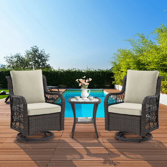 3 Pieces Outdoor Wicker Swivel Chair Set, Swivel Rocking Chairs Set of 2 with Rattan Side Table, 360-Degree Swivel Rocking Chair