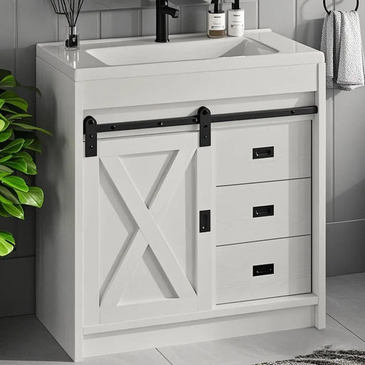 White Farmhouse Bathroom Vanity with Sink Small Vanity Cabinet Featuring 2 Drawers And Sliding Barn Door Customizable Design