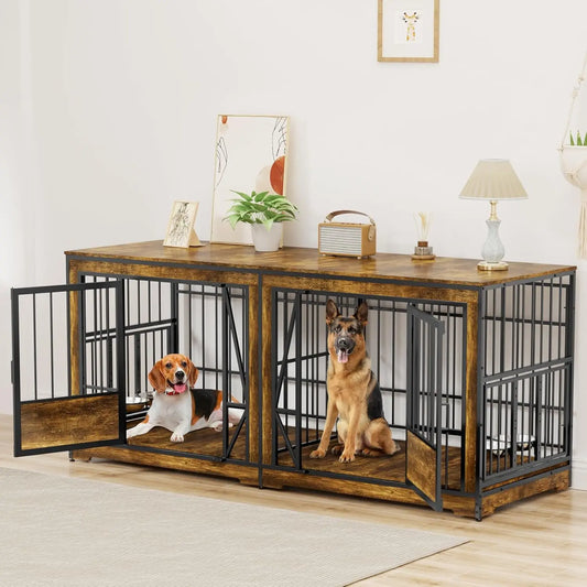 61'' Double Dog Cage Furniture for 2 Dogs, TV Stand Dog Kennel with Adjustable Divider, Heavy Duty Double Dog Crate, Customized