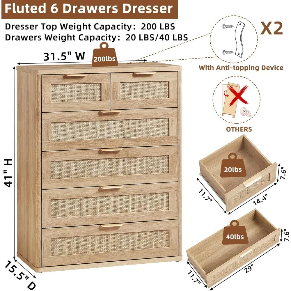 Rattan Dresser for Bedroom, 41" Tall Chest of Drawers, Modern 6 Drawers Boho Dressers with Storage, Light Oak Dresser,Customized
