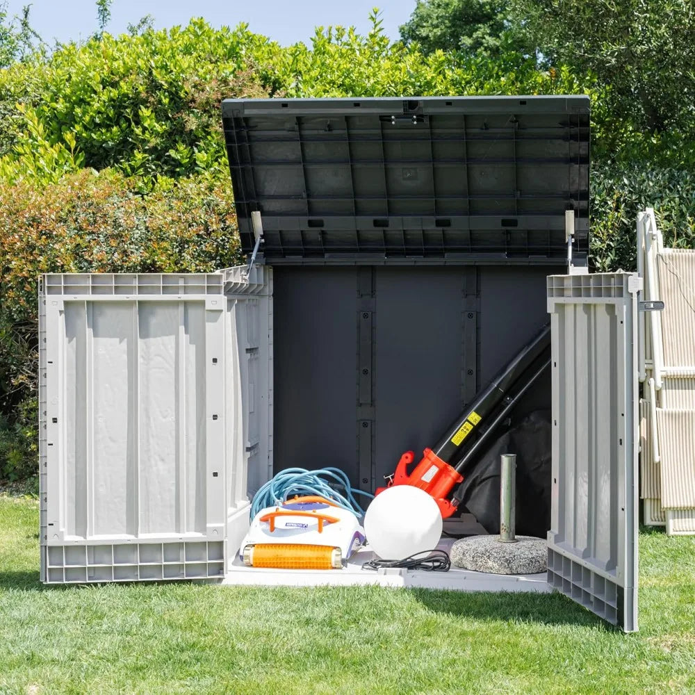 All Weather Outdoor XL Horizontal Storage Shed Cabinet for Trash Can, Garden Tools, and Yard Equipment, Taupe, Custom