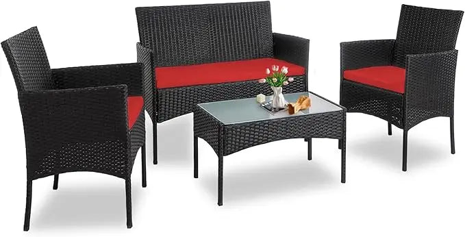 4 Piece Outdoor Wicker Patio Conversation Furniture Set, Rattan Chair Wicker Sofa Garden Conversation Sets with Cushion and Gla