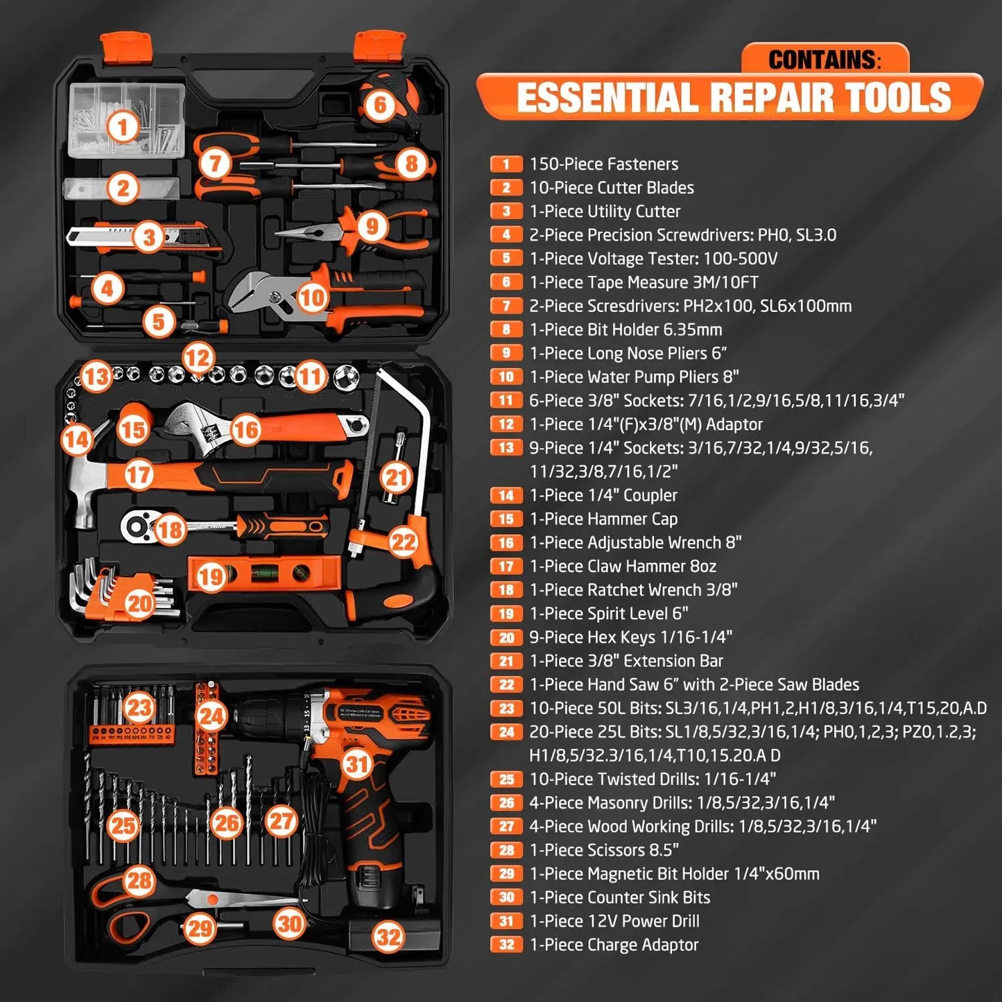 255-Piece Tool Set with Cordless Drill, Toolbox Storage Case for DIY Home Repairs and Handyman Projects