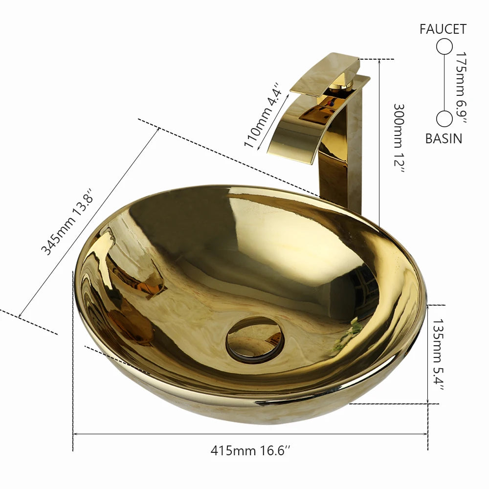 KEMAIDI Bathroom Vessel Sink Luxury Shiny Gold Ceramic Vanity Bowl Round Above Counter Basin for Bar and Cloakroom w/ Faucet Tap