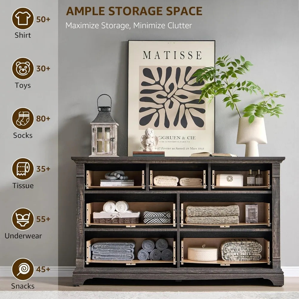 7 Drawer Rustic Wood Dresser 54" Wide Roman Column Storage Bedroom Living Room Closet Custom
