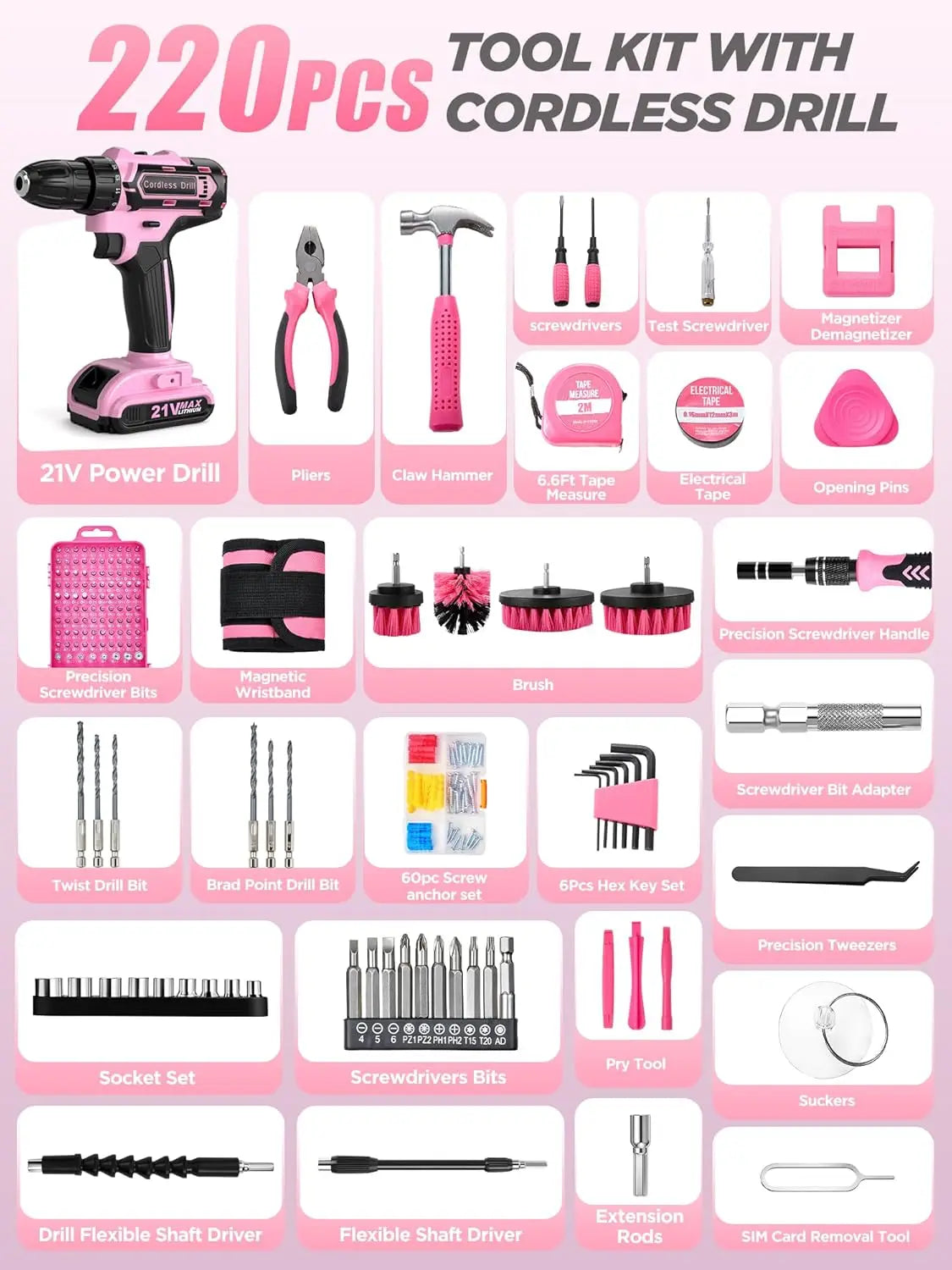 Cordless Drill Set 220 Pcs, 21V Power Drill with Tool Kit, Storage Bag, Precision Screwdriver Set, Magnetic Tool Belt, Drill