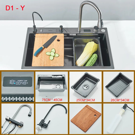 Multifunctional Kitchen Waterfall Sink Digital Display Large Single Gray Sink Dish Basin Sink 304 Stainless Steel