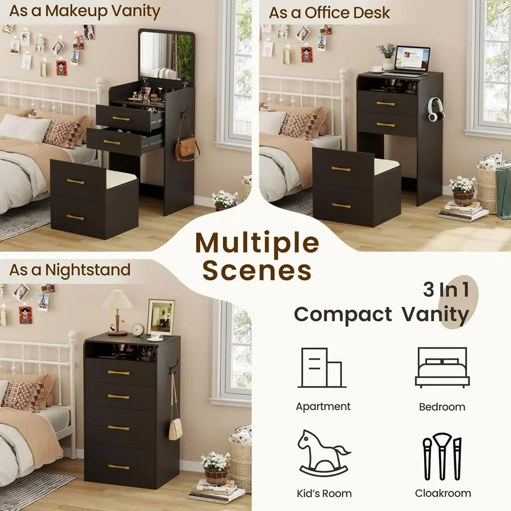 3-in-1 Vanity Desk with Lip Mirror, Makeup Desk with Drawers and Stool, Compact Desk for Bedroom, Multi-Function Dresser for Wom