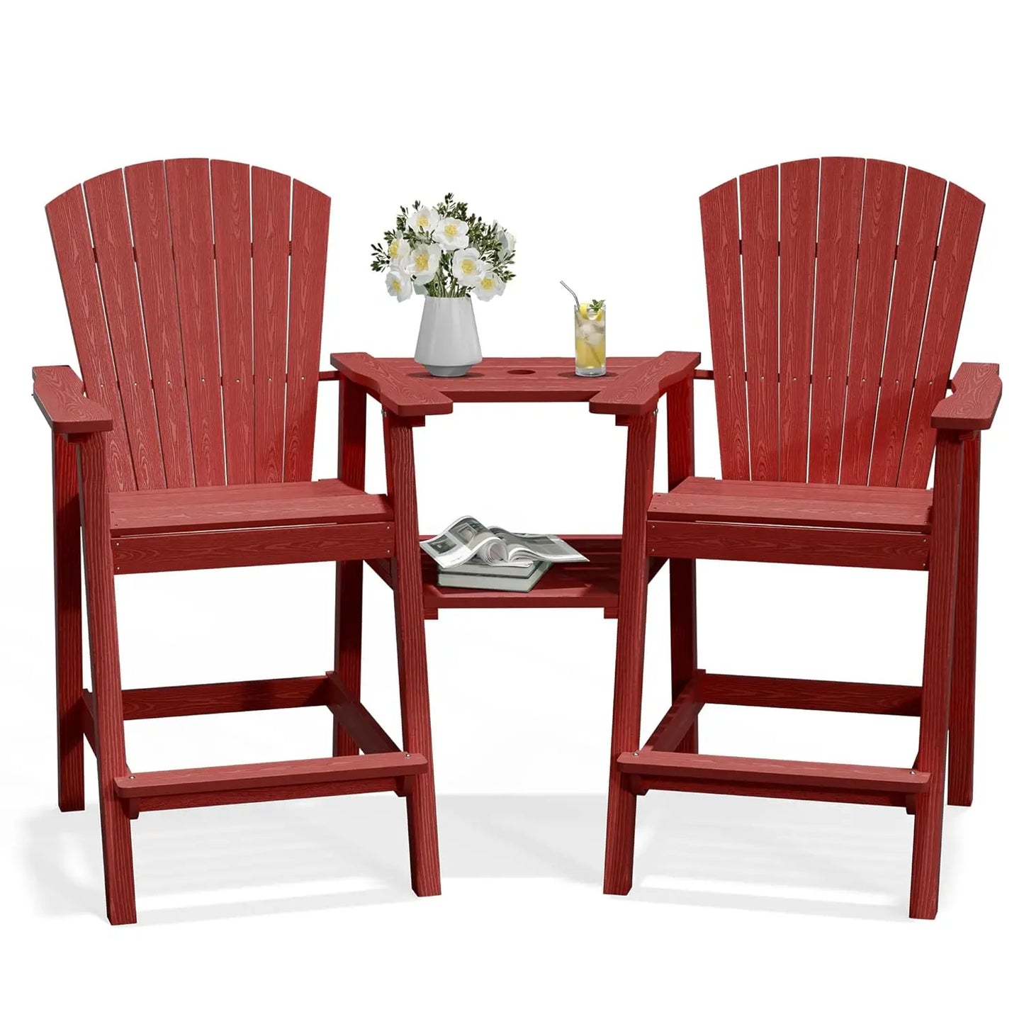 Tall Adirondack Chair Set HDPE All Weather Bar Height Double Connecting Tray Umbrella Hole Balcony Patio Backyard Navy, Custom