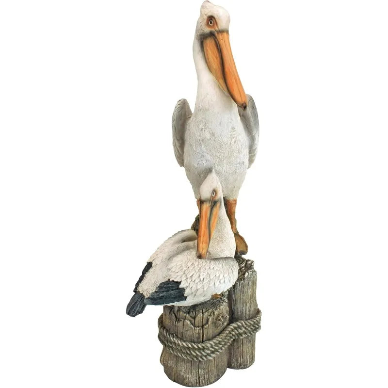 Coastal Decor Ocean's Perch Pelicans Garden Bird Statue, 9 Inch Wide, 24 Inch Tall, Cast Stone Resin, Full Color