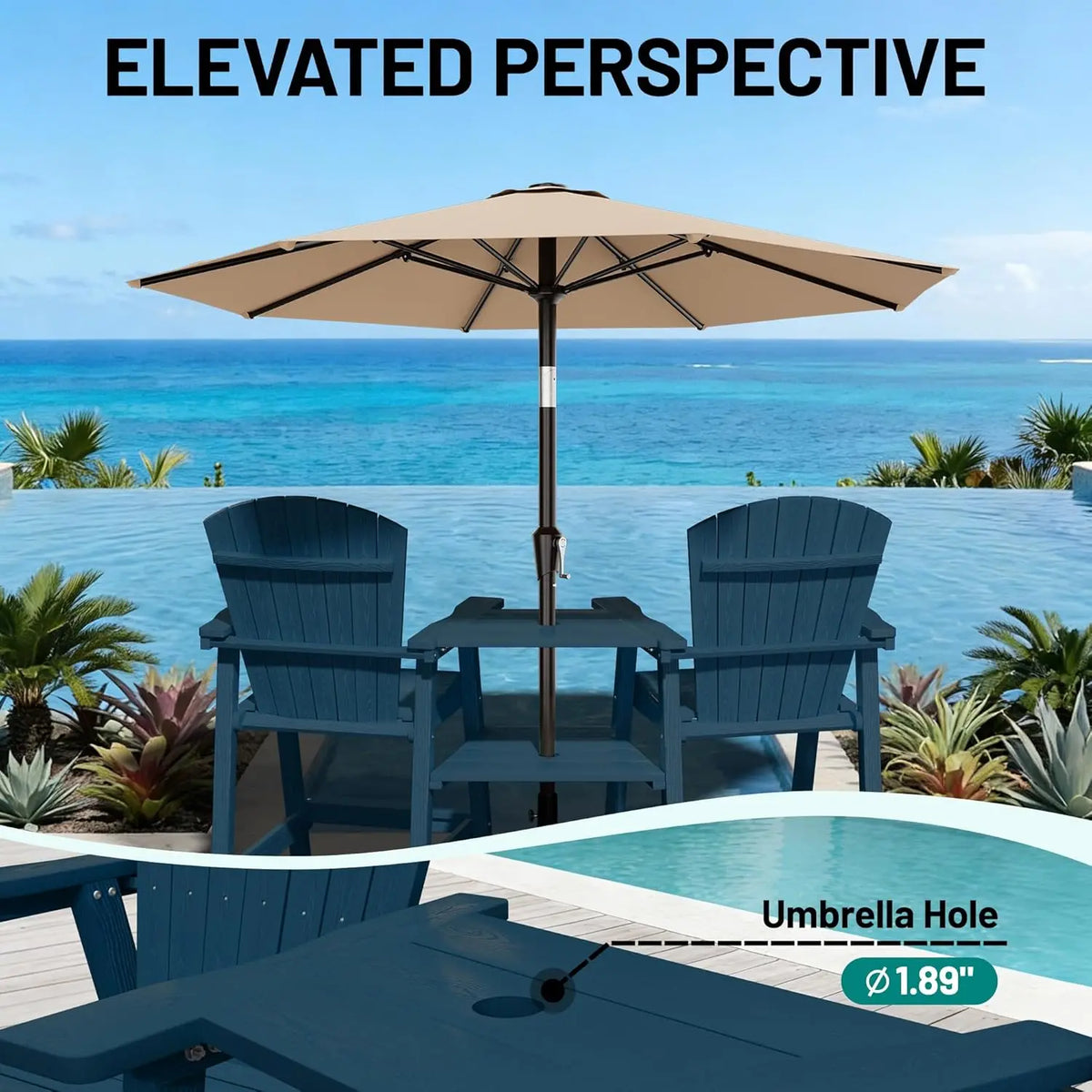 Tall Adirondack Chair Set HDPE All Weather Bar Height Double Connecting Tray Umbrella Hole Balcony Patio Backyard Navy, Custom