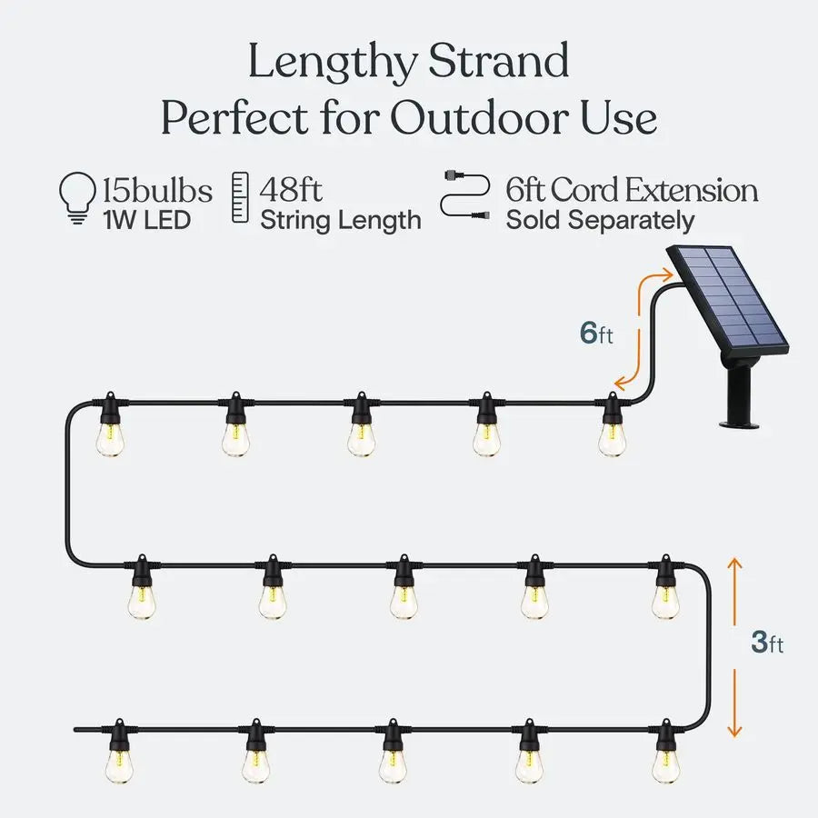 Ambience Pro Solar Powered Outdoor String Lights, 48 ft Commercial Grade Waterproof Patio Lights, 15 Edison Bulbs, Shatterproof