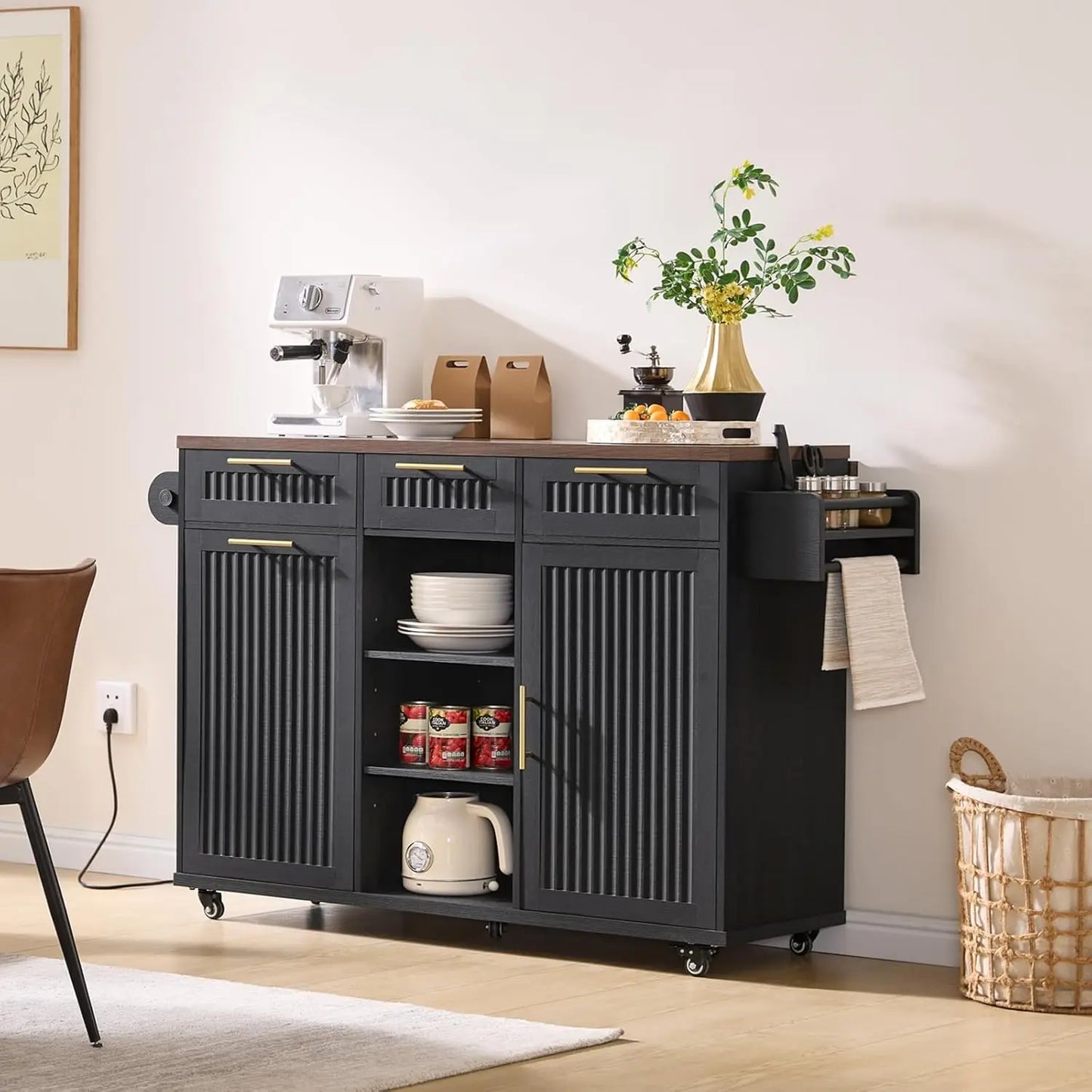 57" Kitchen Island with Storage — Kitchen Rolling Island with Trash Can Storage Cabinet, Power Outlet & Drop Leaf,, Customized