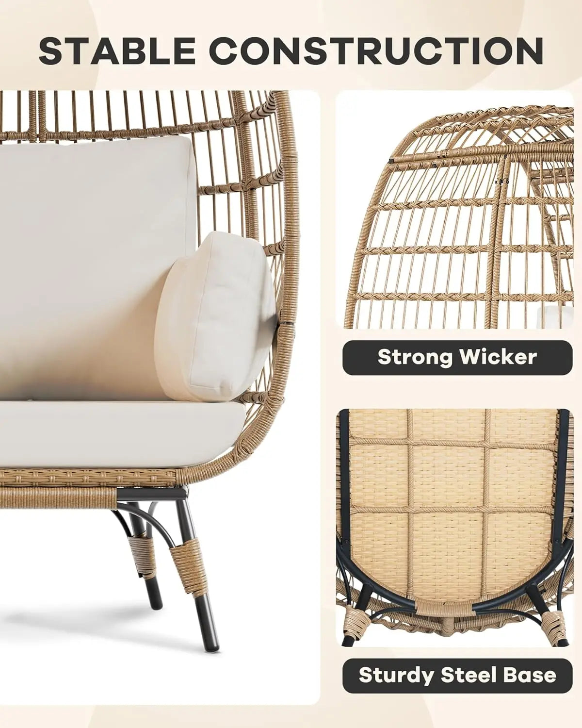 Outdoor Egg Chair, Oversized Patio Wicker Basket Chair for Balcony, Patio, Living Room, Lounge Chairs for Outside with Thick Cus