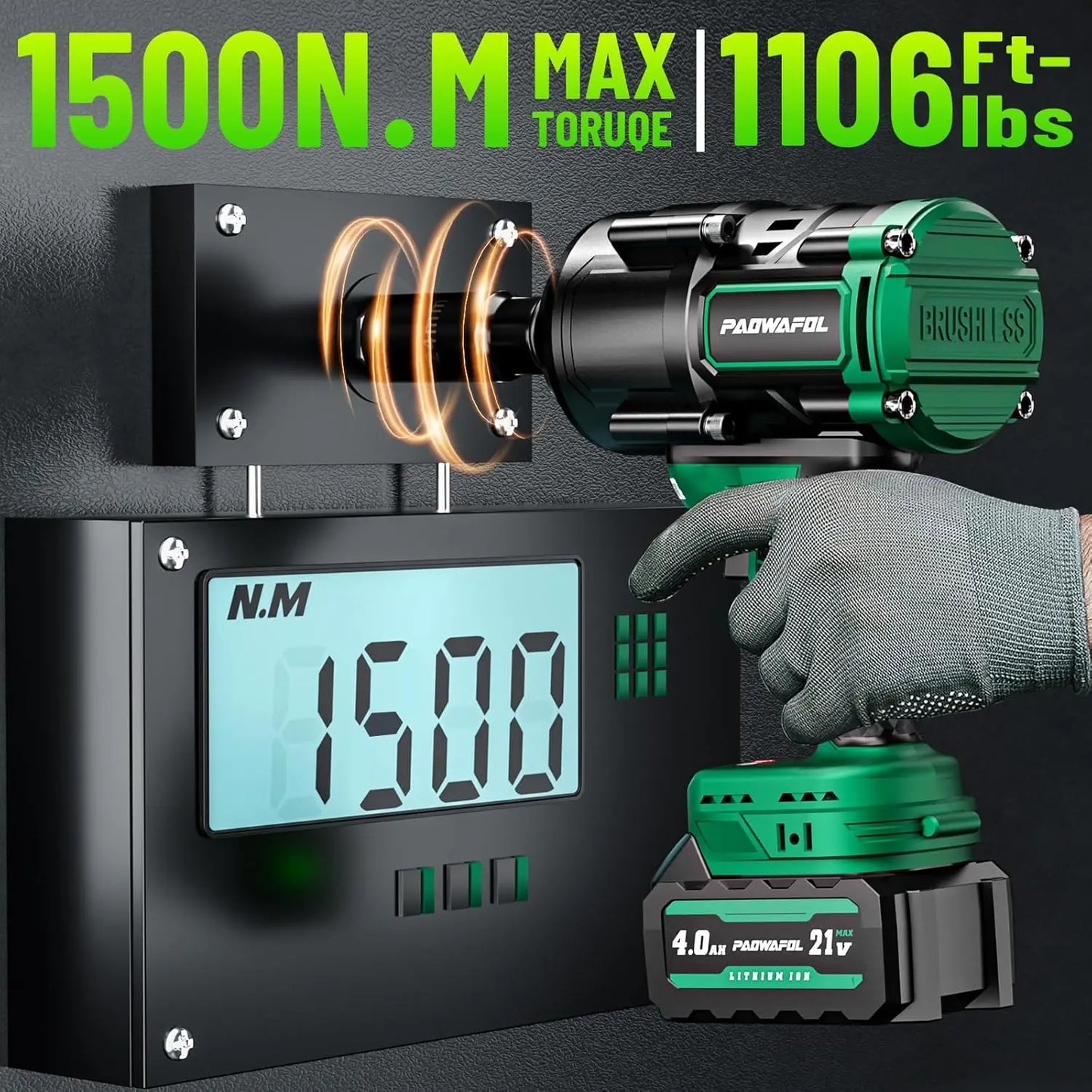 High Torque Impact Wrench 1500N.m 1/2 Brushless, Cordless Impact Gun with 2x4.0Ah Battery & Fast Charger, for Car Truck Tire