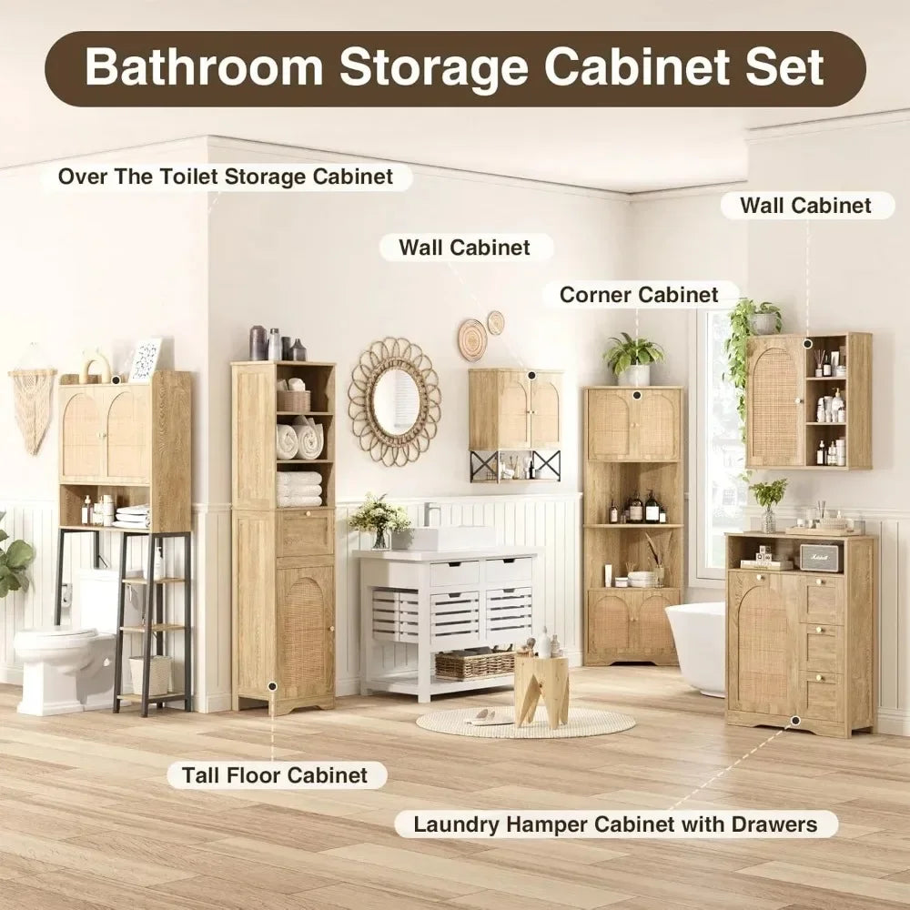 67-inch Tall Natural Rattan Sliding Bathroom Cabinet with Adjustable Shelves