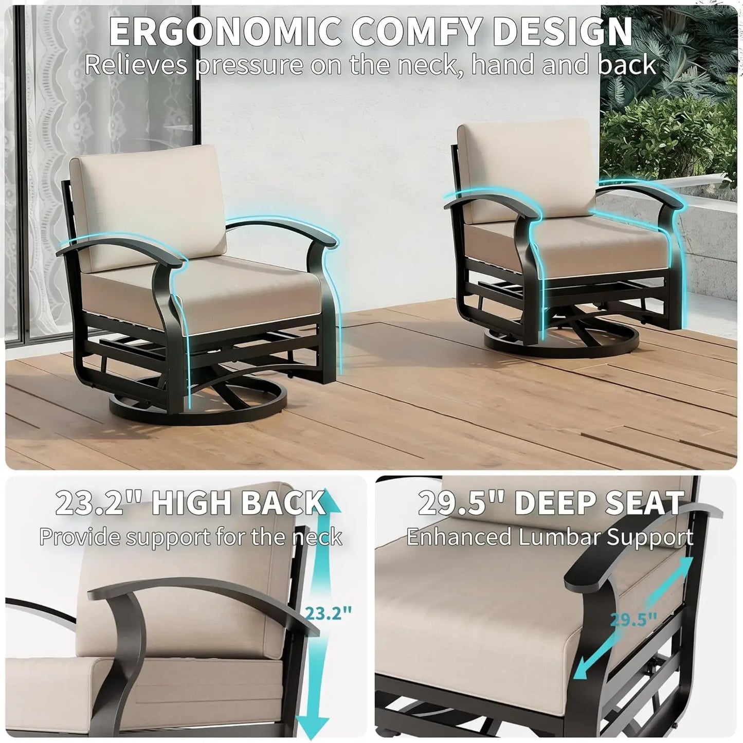 Metal Patio Swivel Chair Set 2pc High-Resilience Cushions Removable Back Pillow Backyard Lawn Porch Custom