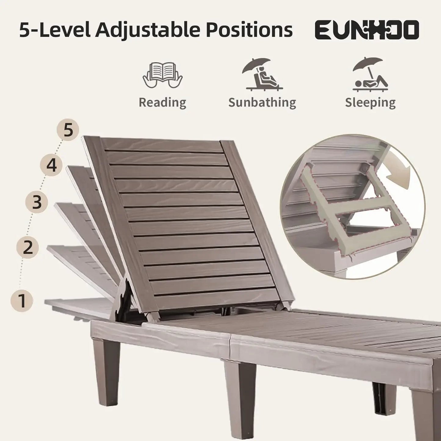 Outdoor Chaise Lounge Set of 2, Adjustable Pool Lounge Chair with 5 Positions Backrest, Waterproof Sun Loungers