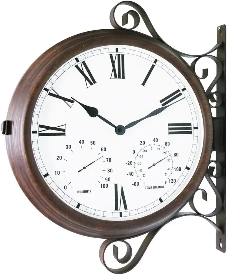 MT-32 Three-in-one Double Sided Metal Wall Clock.Quiet,Easy Read,Antique Hanging Clocks,Garden,Indoor,Outdoor,Home Décor,Farmhou