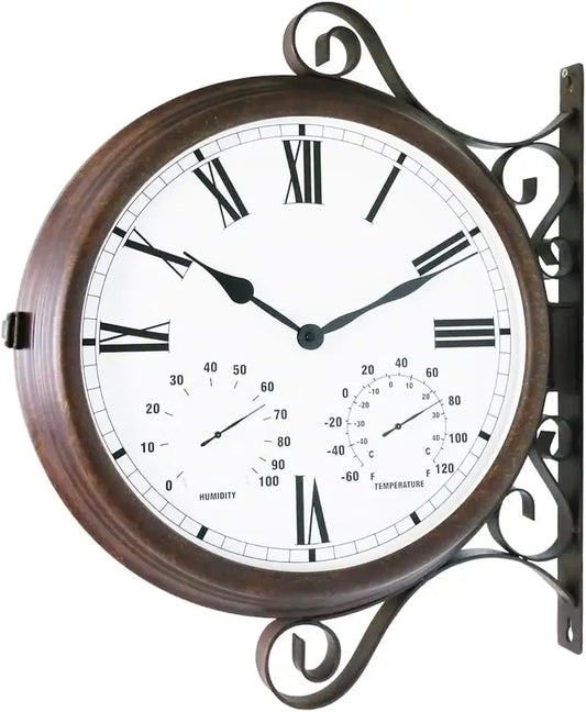 MT-32 Three-in-one Double Sided Metal Wall Clock.Quiet,Easy Read,Antique Hanging Clocks,Garden,Indoor,Outdoor,Home Décor,Farmhou