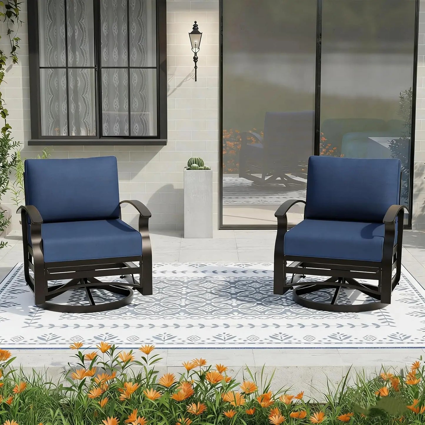 Metal Patio Swivel Chair Set 2pc High-Resilience Cushions Removable Back Pillow Backyard Lawn Porch Custom