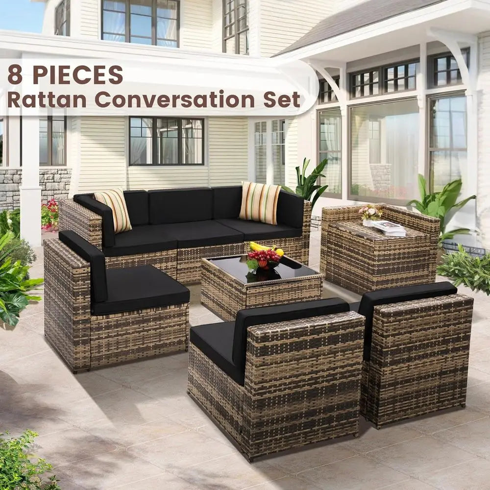 8-Piece Patio urniture Set, Outdoor Wicker Rattan Sectional with Thick Cushions, Glass Top Table with Hidden Storage, Outdoor Co